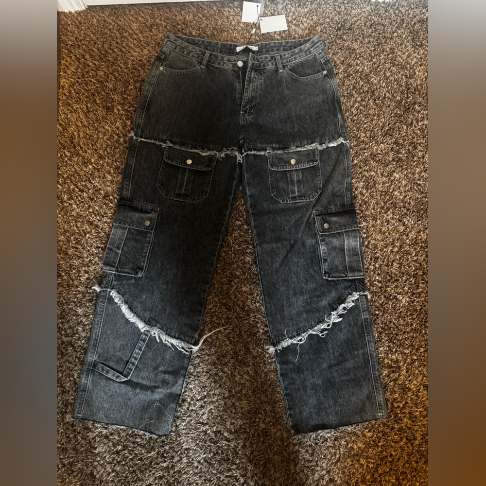 Frayed Hem Black Cargo Jeans